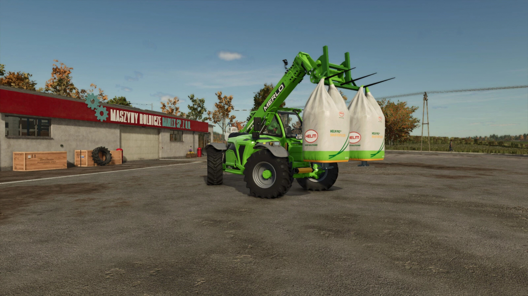 FS25 mod Bale Spike 3 Spikes v1.0.0.0 lifts sacks with a telehandler in Farming Simulator 25 yard.