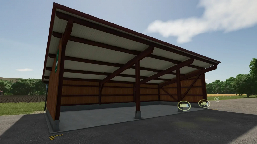 Bale and pallet warehouse mod for FS25, showing a wooden structure with open sides and a concrete floor.