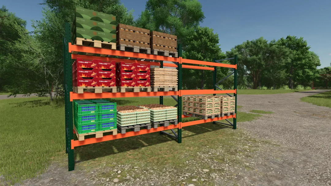 FS25 mod Bale and pallet warehouse v1.0.0.1 showing stacked pallets of produce outside with trees in the background.