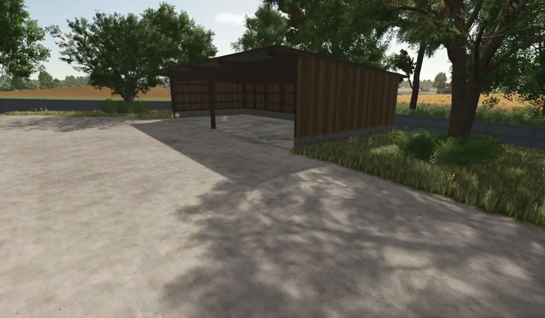 Image of Balestorage mod for FS25, showcasing a wooden storage shed surrounded by trees, ideal for storing bales in Farming Simulator 25.