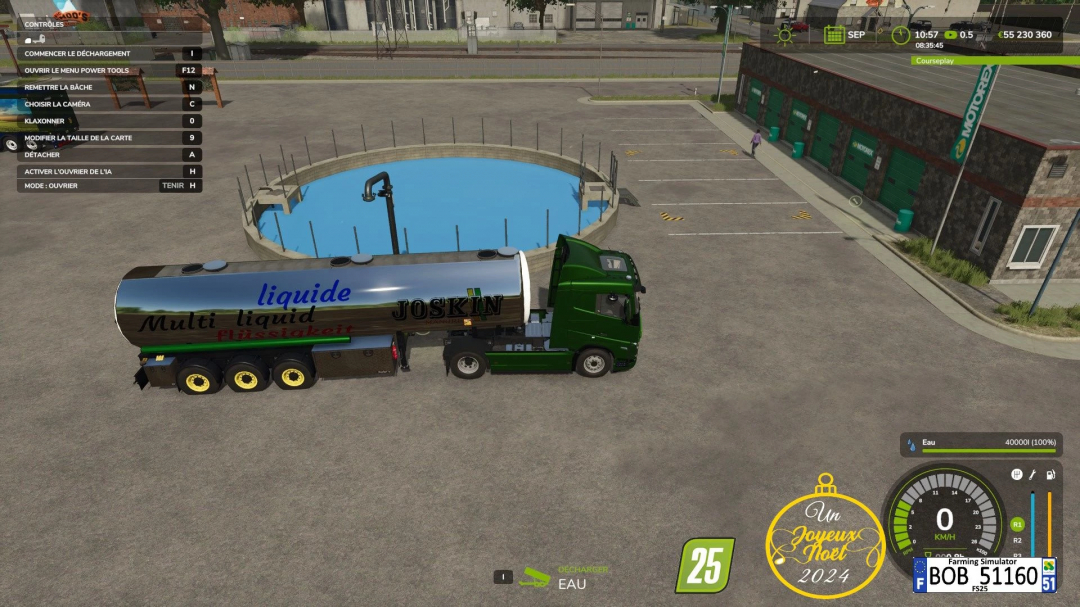 FS25 mod Basic Tank v1.0.0.0: a green truck with a shiny liquid trailer is parked by a water tank in Farming Simulator 25.