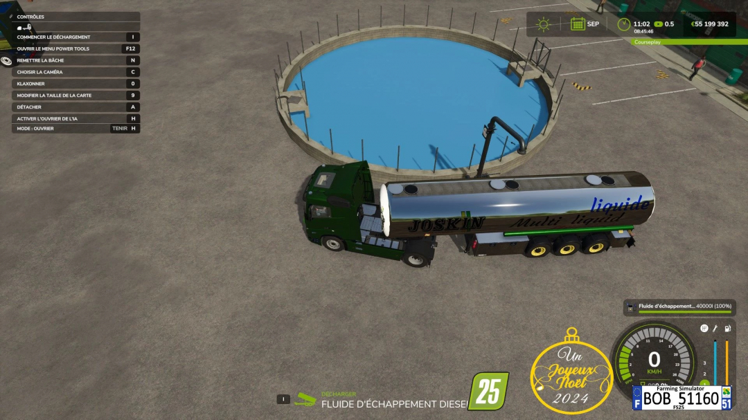 FS25 mod image showing a Joskin liquid transport tank beside a large blue tank.