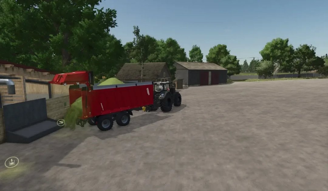 FS25 mod showing a tractor unloading beans, peas, and spinach into storage. Farming Simulator 25 farm setting.