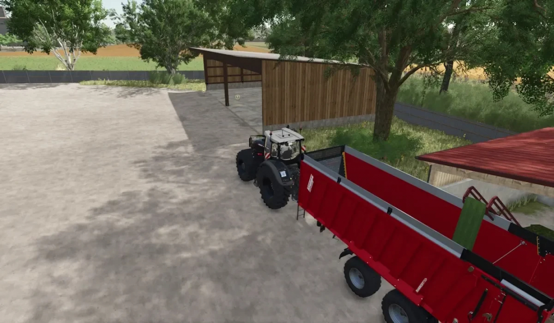 FS25 mod image showing a tractor with a red trailer near a wooden shed for beans, peas, and spinach storage.