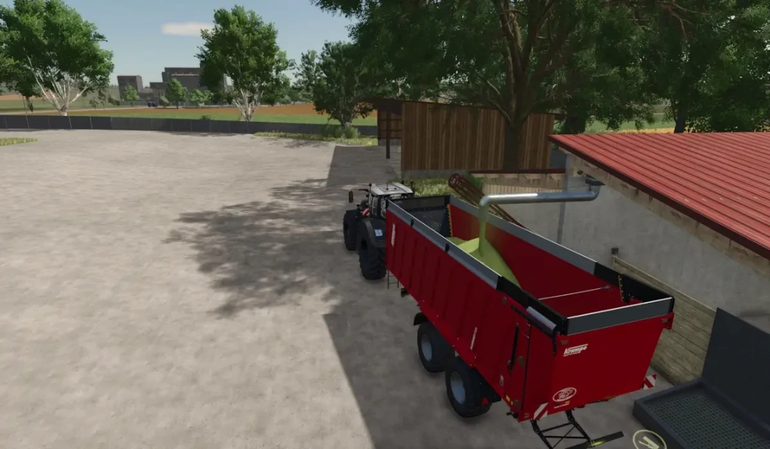 FS25 mod displaying Beans, Peas, and Spinach Storage v1.0.0.0 with red trailer unloading produce near a storage facility.