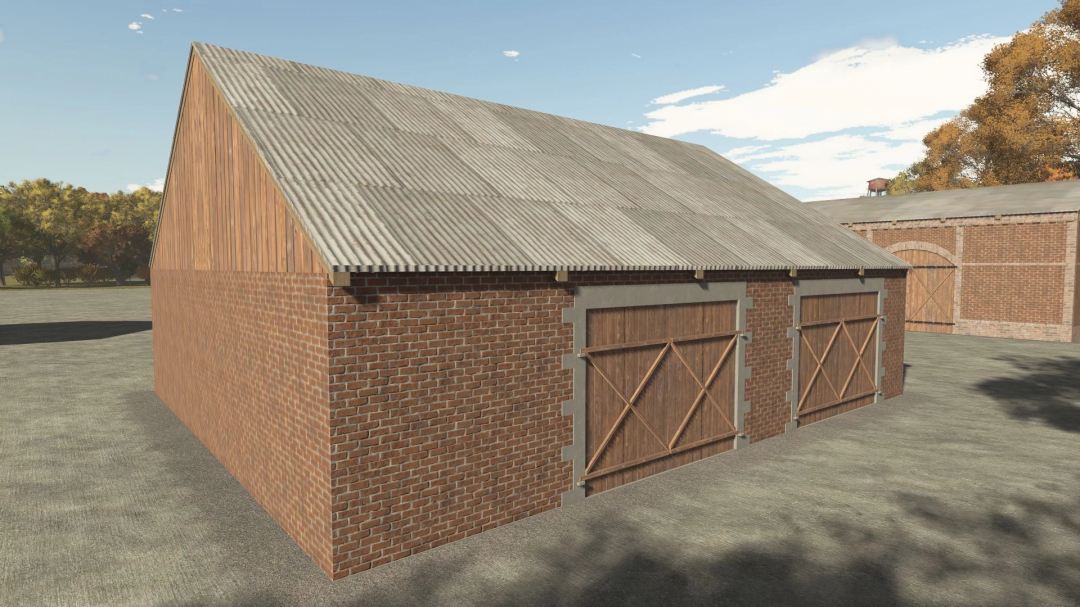 Brick building mod in FS25 with wooden doors and corrugated roof.