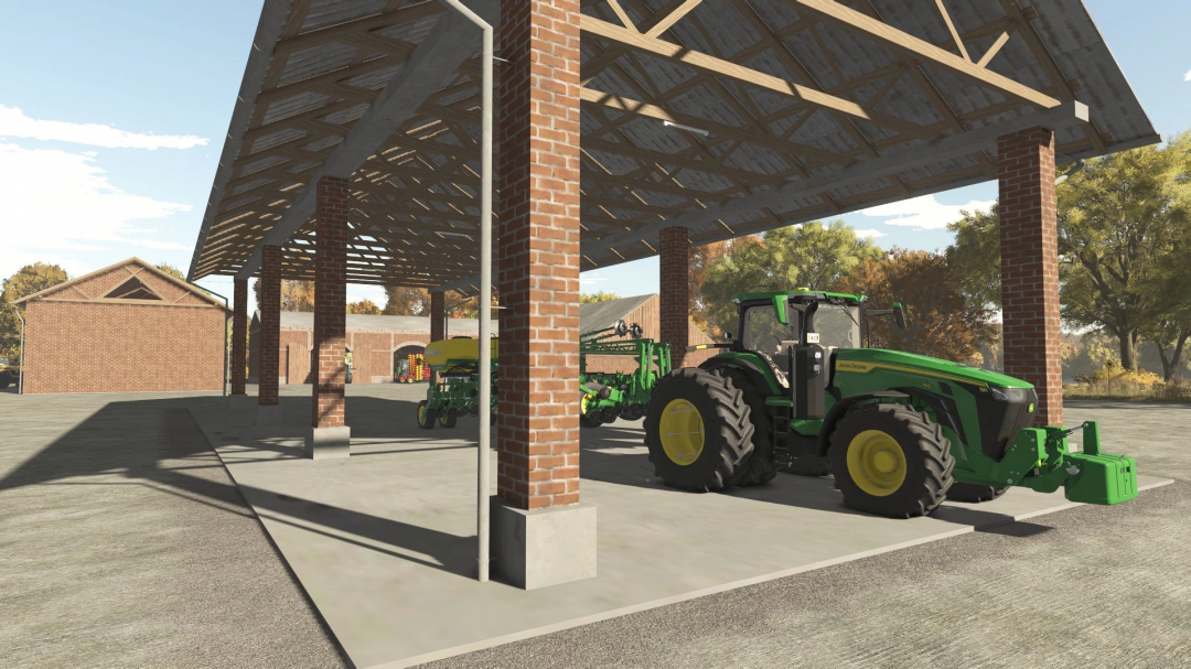 Brick Building Pack v1.0.0.0 mod in FS25 featuring a tractor under a brick shelter.