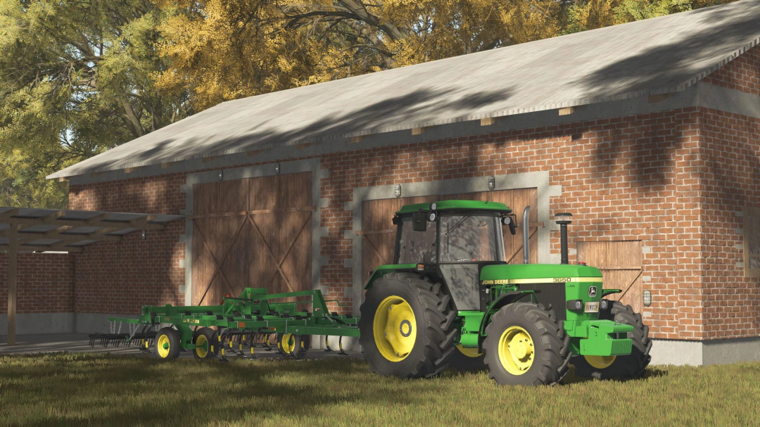 FS25 mods Brick Building Pack with tractor parked outdoors