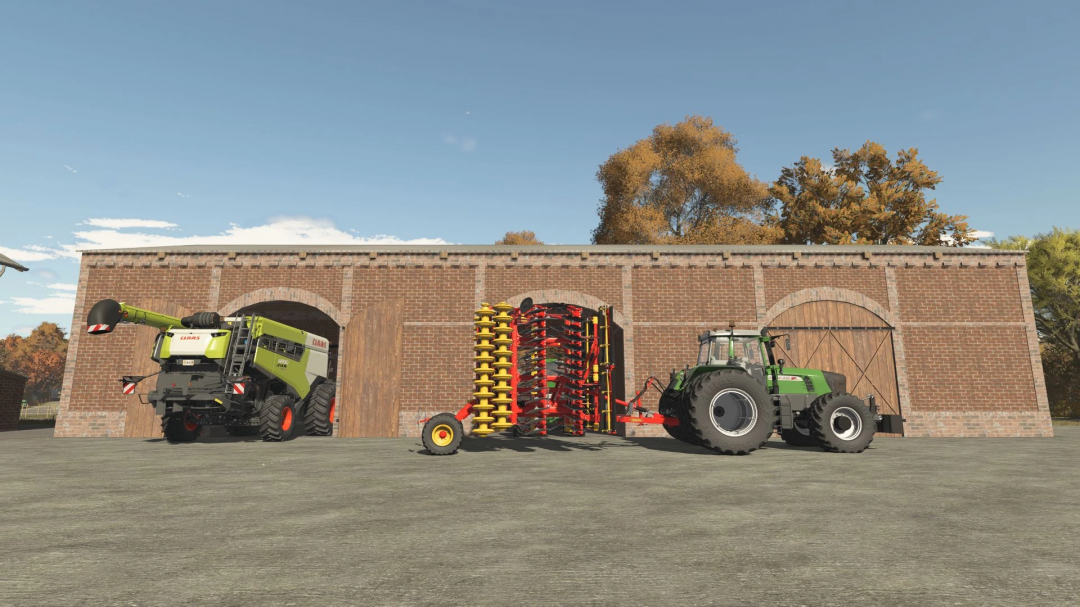 FS25 Brick Building Pack v1.0.0.0 mod with tractors and equipment in front of a red brick barn.