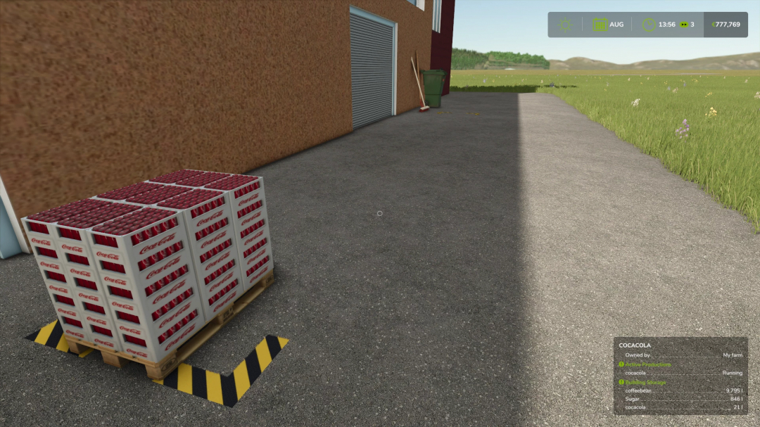 FS25 mod showing Coca Cola crates on a pallet outside a factory in Farming Simulator 25.