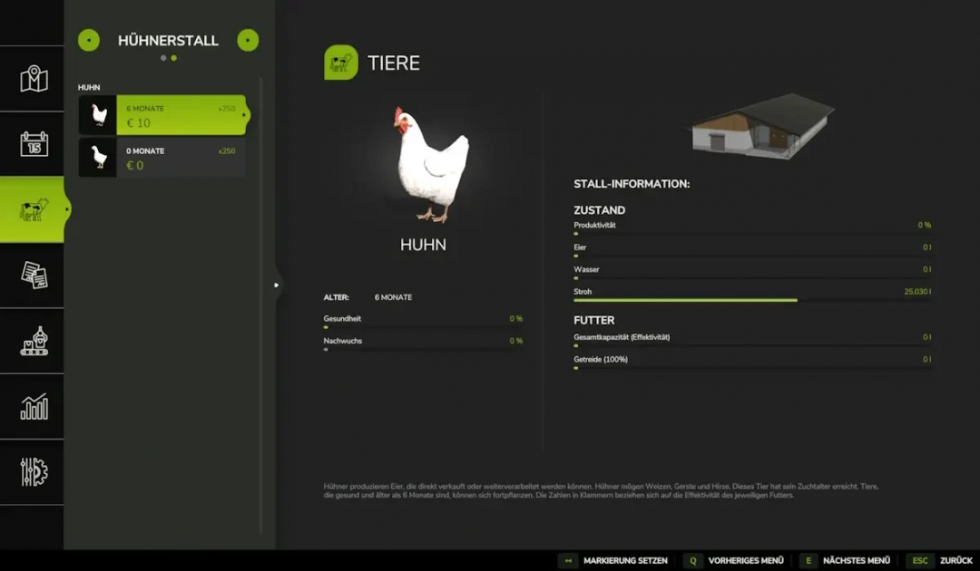 FS25 Chickenbarn mod v1.0.0.0 interface showing chicken details, age, health, and feed information.