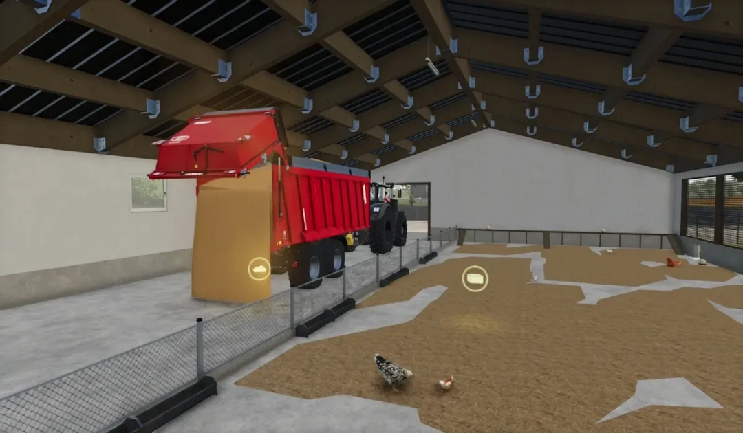 FS25 Chickenbarn mod v1.0.0.0: interior view with red truck unloading feed and roaming chickens.