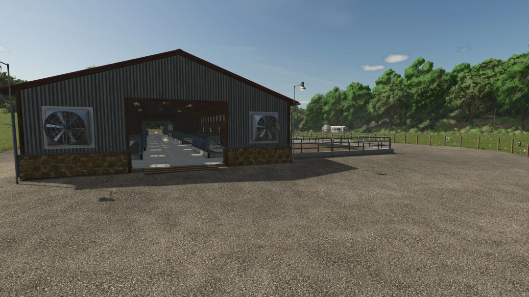 Cow Barn XL mod in Farming Simulator 25 featuring a large barn with open doors and surrounding green fields.