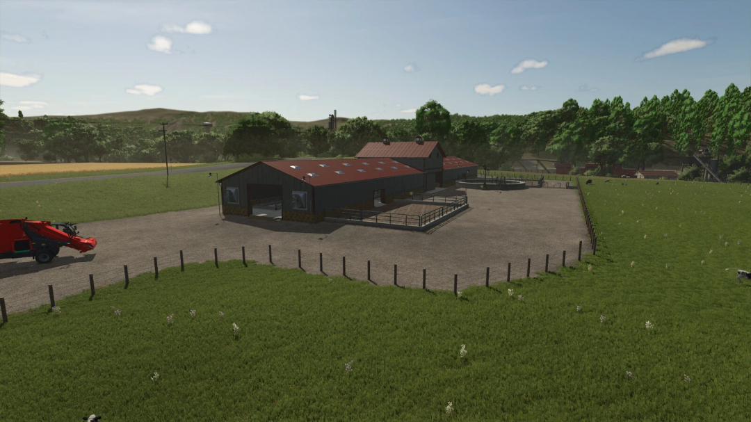 FS25 Cow Barn XL mod features a large barn and open fields, enhancing farming experience.