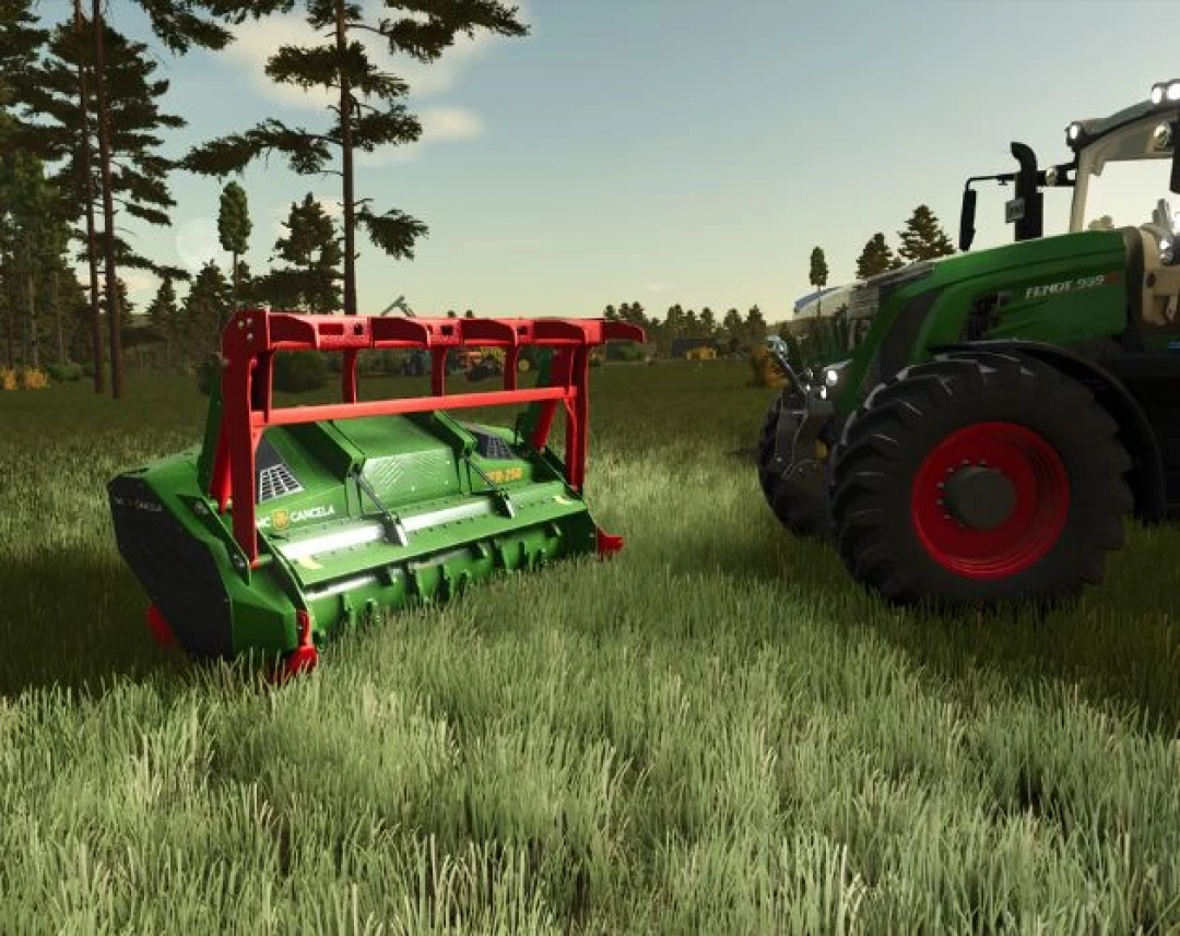 FS25 mod Delete Tree v1.0.0.0 showing forestry equipment on grass with a tractor.