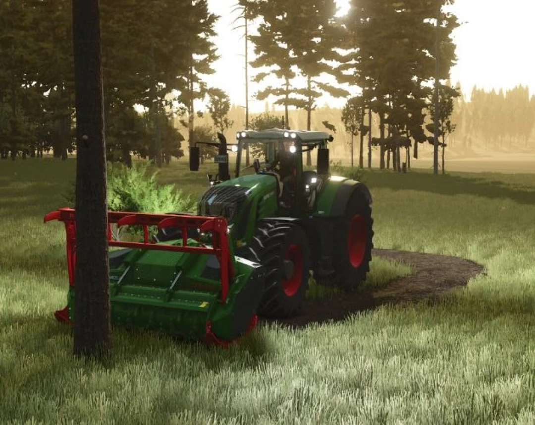 Tractor using Delete tree mod in FS25, removing trees in a sunlit forest area.