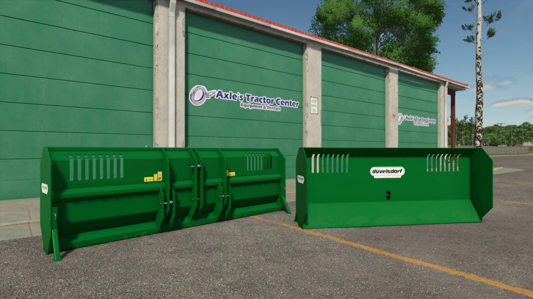 FS25 mod Düvelsdorf MSS3X00 v1.0.0.0, green agricultural equipment in front of Axle's Tractor Center.