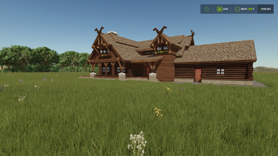 FS25 mod image of a rustic wooden farmhouse surrounded by a green field, under a clear blue sky.