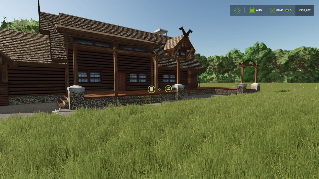 FS25 mod Farm House Placeable shown in a grassy field with trees in the background.