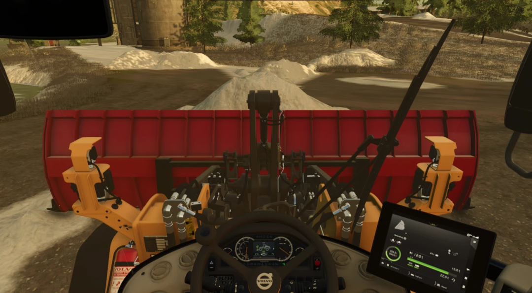 View of a Boss Loader Box Plow mod in Farming Simulator 25, showcasing detailed control panel in a virtual farm setting.