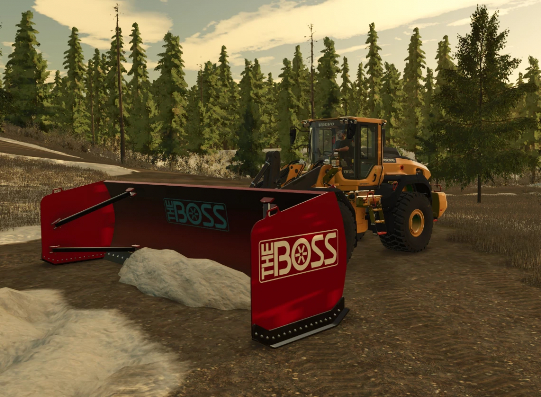 FS25 Boss Loader Box Plow v1.0.0.0 mod in a forest setting for Farming Simulator 25.