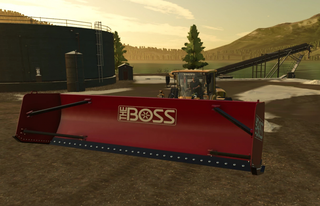 FS25 Boss Loader Box Plow v1.0.0.0 in use with a tractor in Farming Simulator 25 mod.