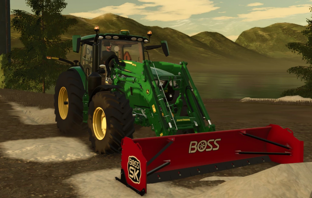 FS25 Boss SK Box Plow v1.0.0.0 mod with green tractor in Farming Simulator 25