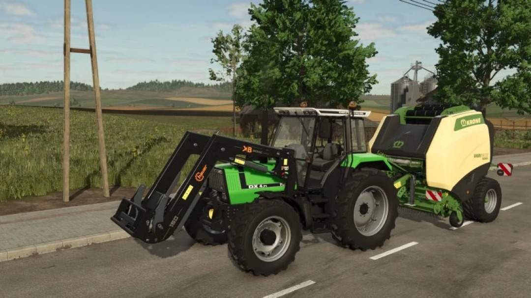 FS25 mod: Deutz AgroStar 4.61-4.71 Series tractor with baler on a road in Farming Simulator 25.