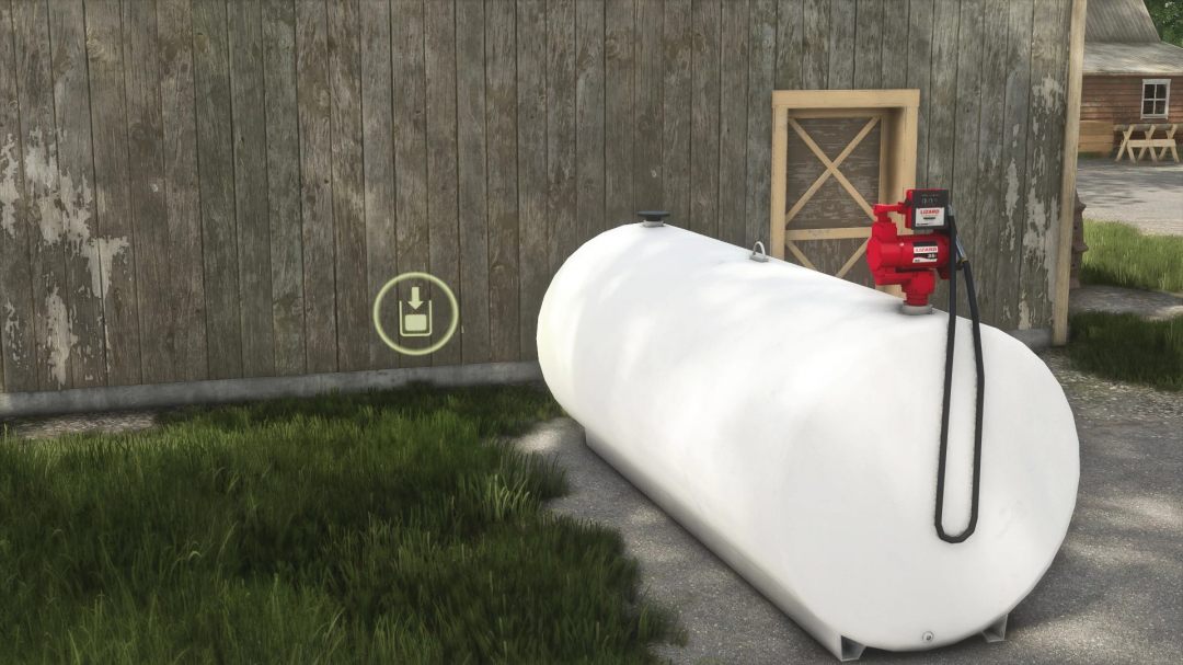 FS25 Fuel Tank mod v1.0.0.0 featuring a white tank with a red pump, set by a wooden shed in Farming Simulator 25.