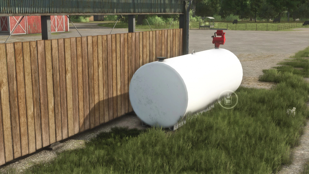 FS25 Fuel Tank v1.0.0.0 mod, white fuel tank near a wooden fence in Farming Simulator 25.