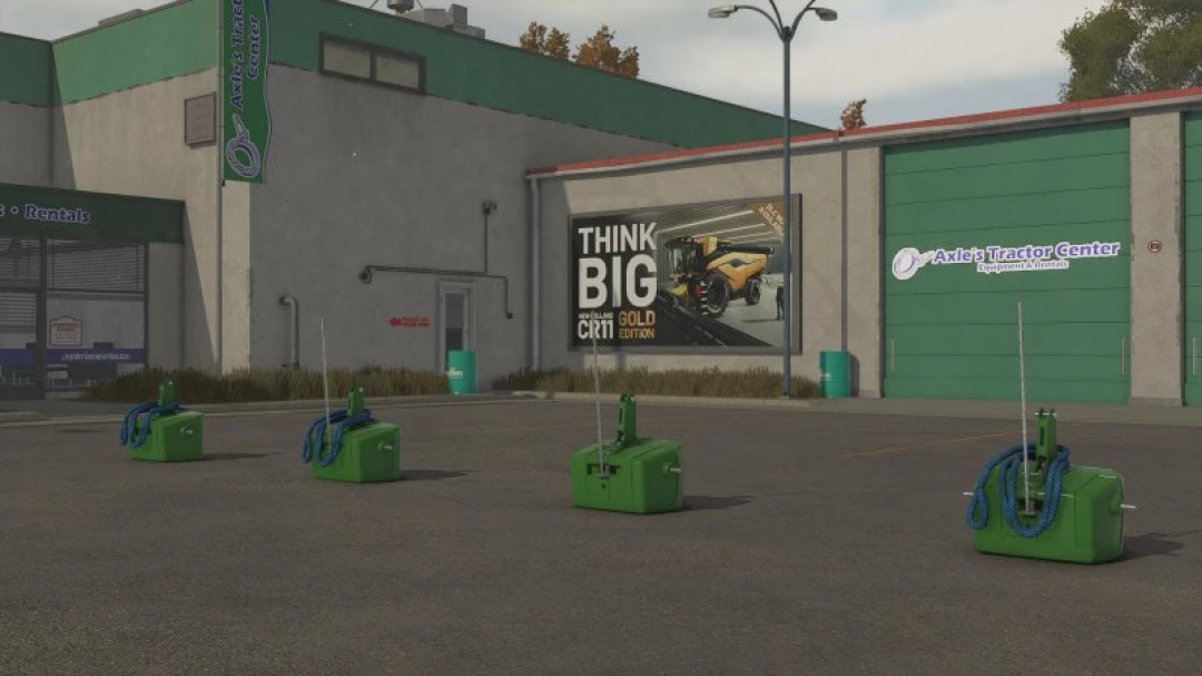 FS25 JD 900kg weights displayed outside the dealer in Farming Simulator 25 mod.