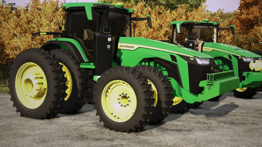 FS25 John Deere 8R mod in Farming Simulator 25, showcasing a detailed green and yellow tractor in an autumn setting.