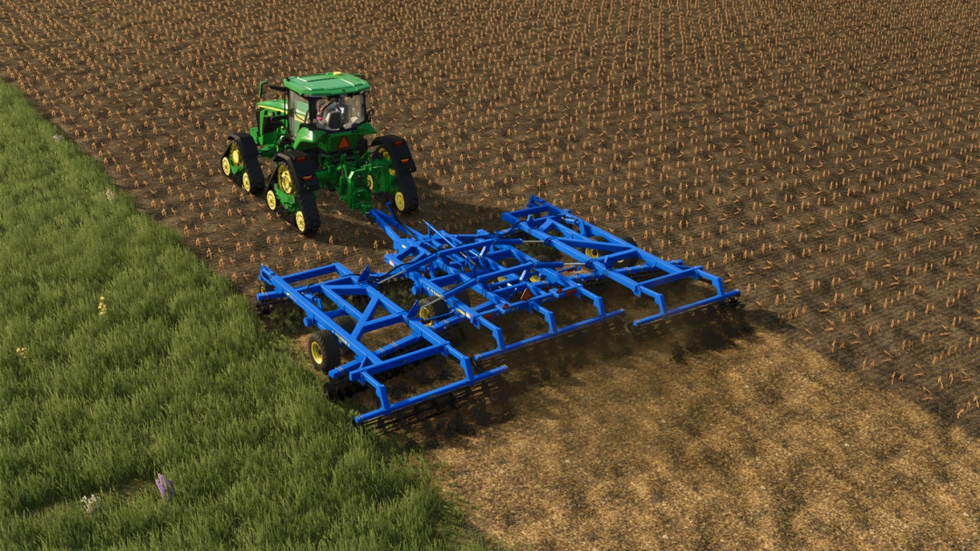 FS25 mod image featuring the Landoll 7431VT 33FT at work in a field with a green tractor. Farming Simulator 25 mod showcased.