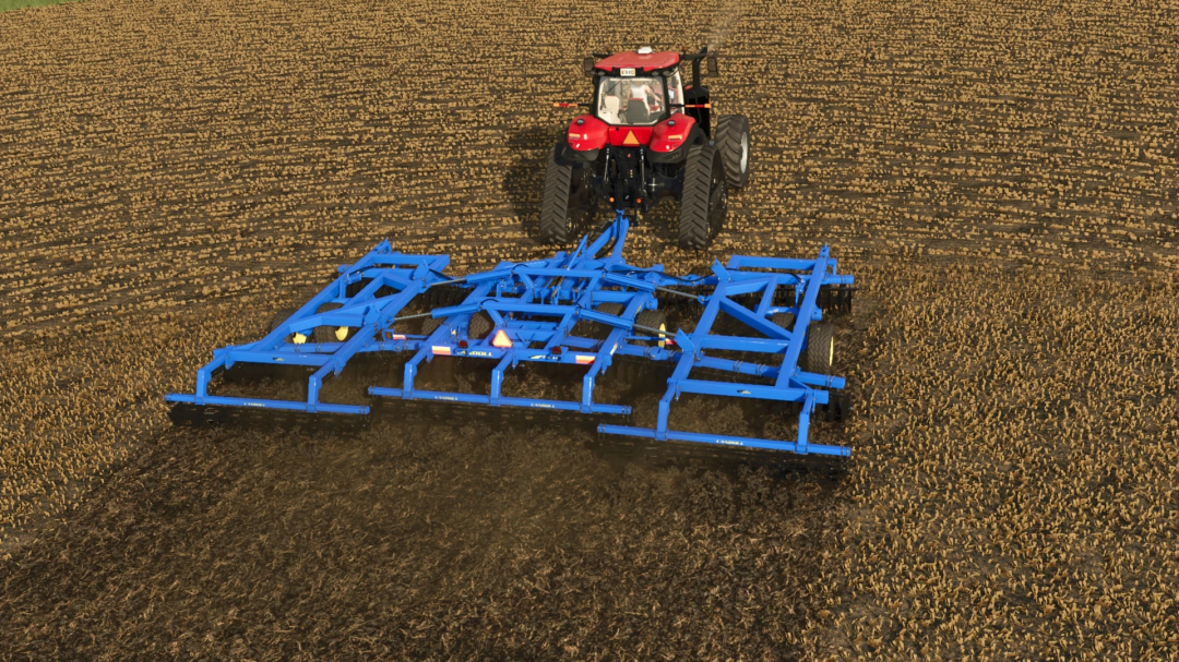 FS25 mod featuring a red tractor using Landoll 7431VT 33FT cultivator on a field.