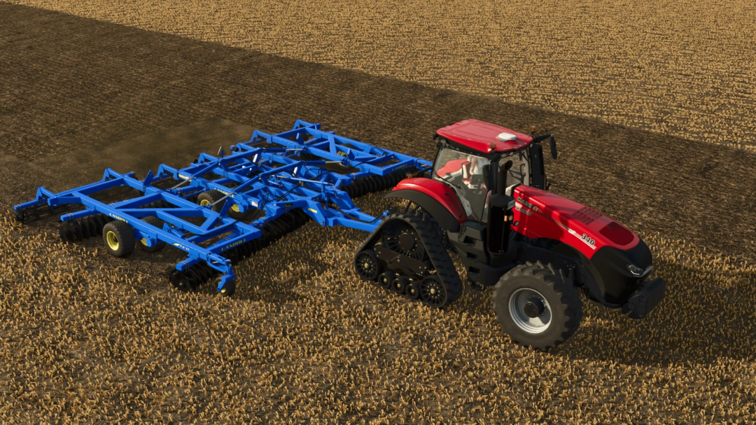 FS25 Landoll 7431VT 33FT mod on a red tractor in Farming Simulator 25, cultivating a field.