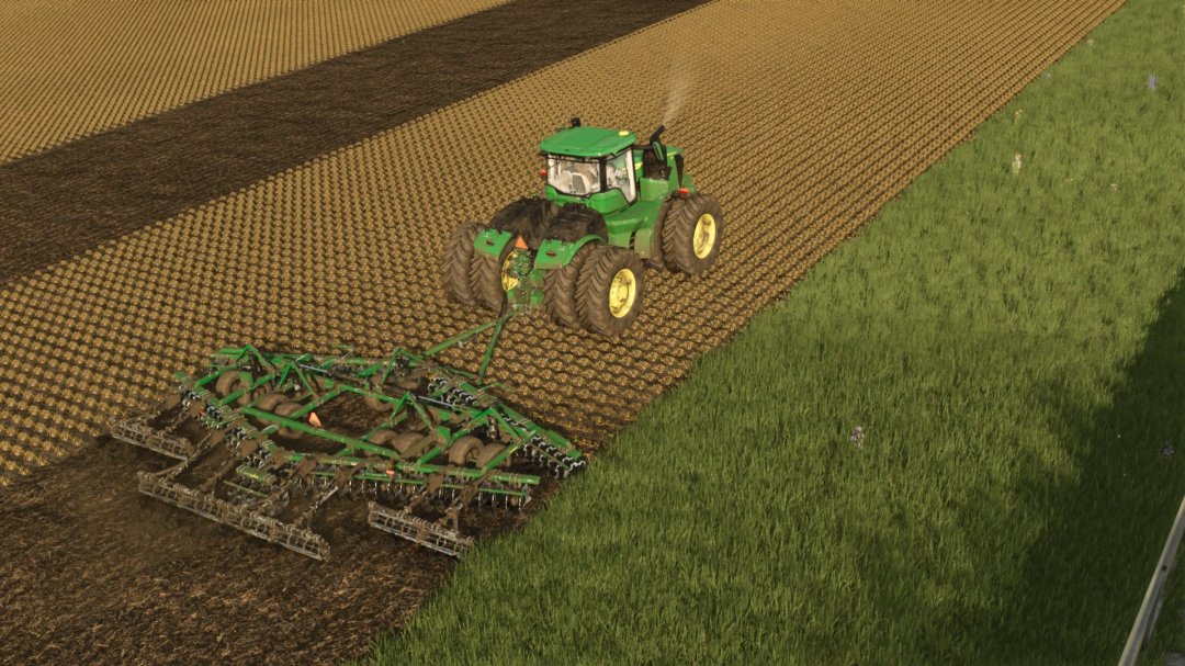 FS25 Summers Diamond Disc DT2510 mod in action, showing a tractor plowing a field in Farming Simulator 25.