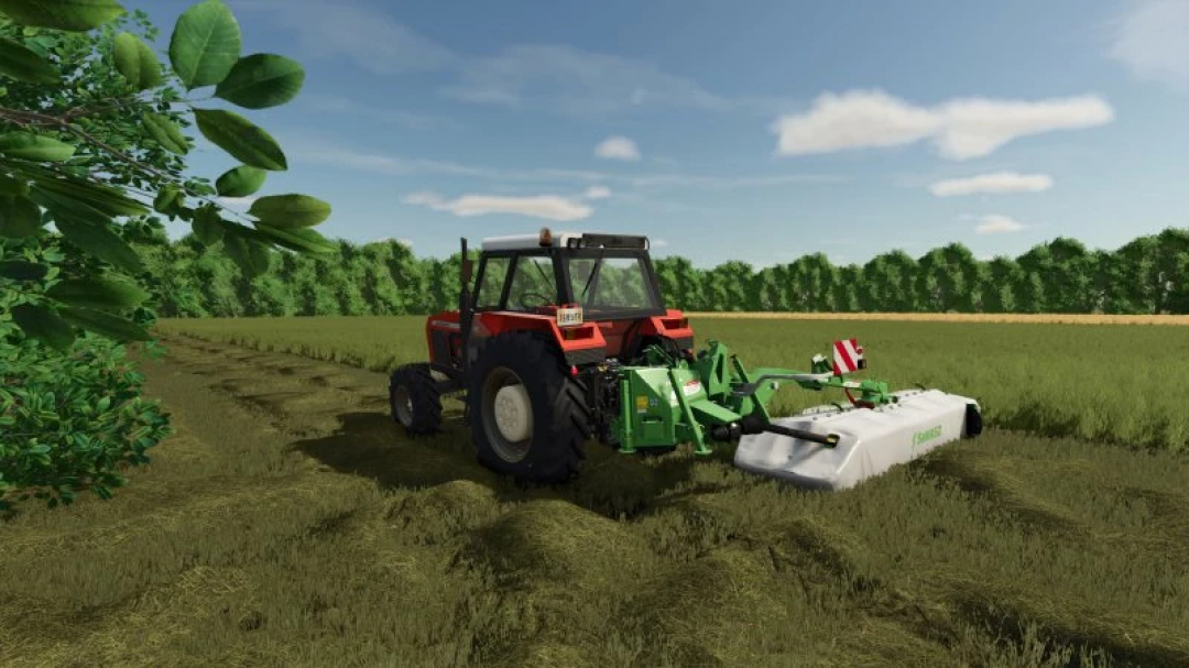 FS25 Ursus tractor mowing field using Krone mower. Perfect for Farming Simulator 25 mods enthusiasts.