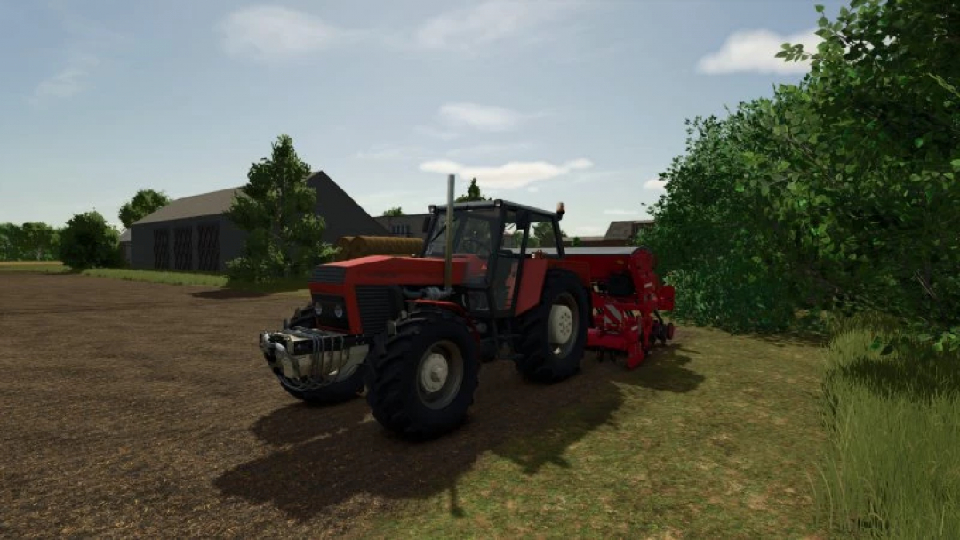 FS25 Ursus 1201-1614 pack mod in Farming Simulator 25, showing a red tractor on a farm.