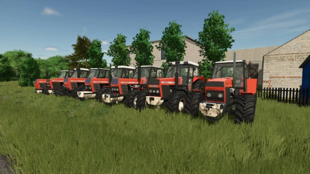 Line of Ursus tractors in FS25 mod pack, parked on a grassy field in Farming Simulator 25.