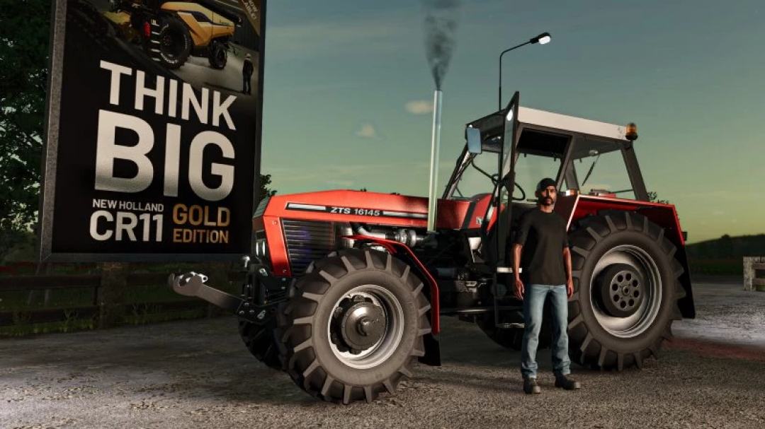 FS25 Zetor 6 Pack v1.0.0.0 mod features a ZTS 16145 tractor with a farmer standing beside it, next to a 'Think Big' billboard in Farming Simulator 25.