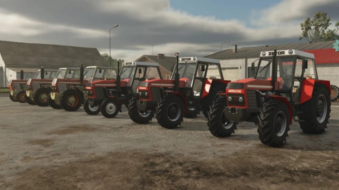 FS25 Zetor 6 Pack tractors mod for Farming Simulator 25, featuring a lineup of six red tractors in a farm setting.