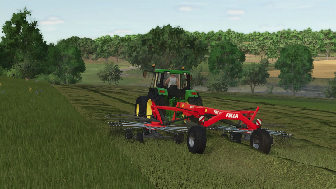 A tractor operates the Fella Juras 880 on a farm in FS25 mods, showcasing Farming Simulator 25 equipment in a lush landscape.