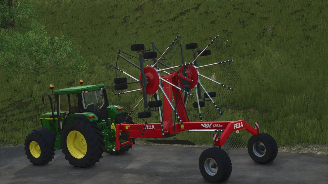 Farming Simulator 25 mod showing a green tractor with a red Fella Juras 880 attachment on a farm road.