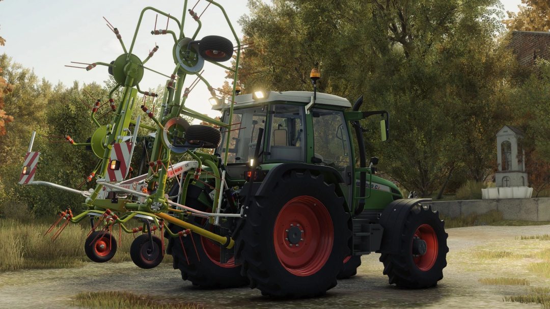 Fendt Farmer 300 Ci tractor mod in FS25 with attached machinery in a rural setting.