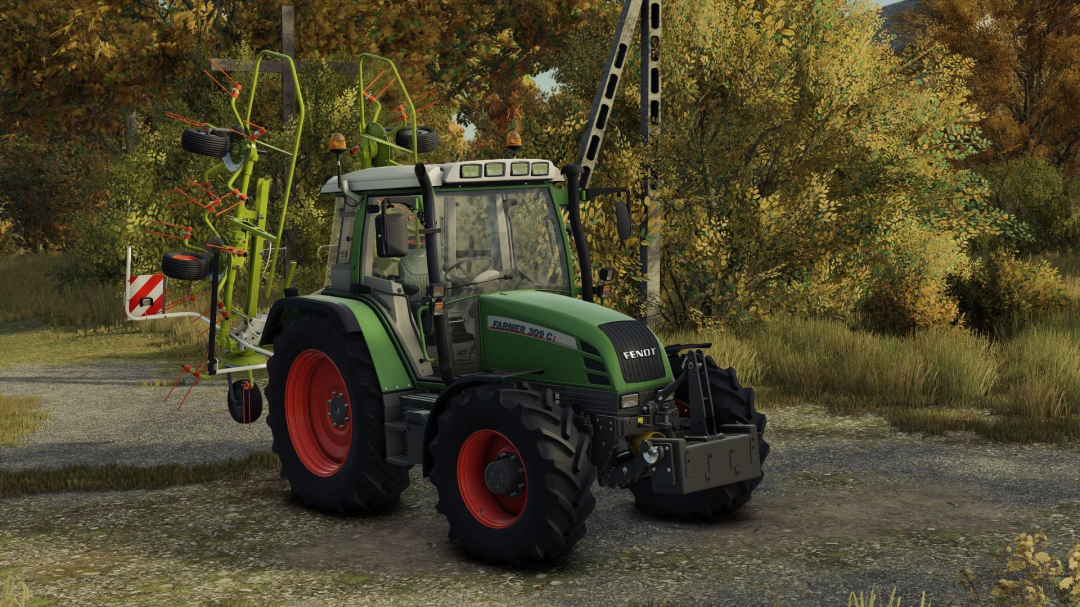 Fendt Farmer 300 Ci tractor in FS25 mod, amidst autumn scenery.