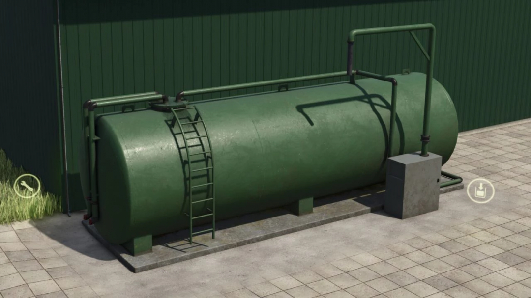 Fertilizer Tank v1.0.0.0 mod in FS25, featuring a large green tank by a building.