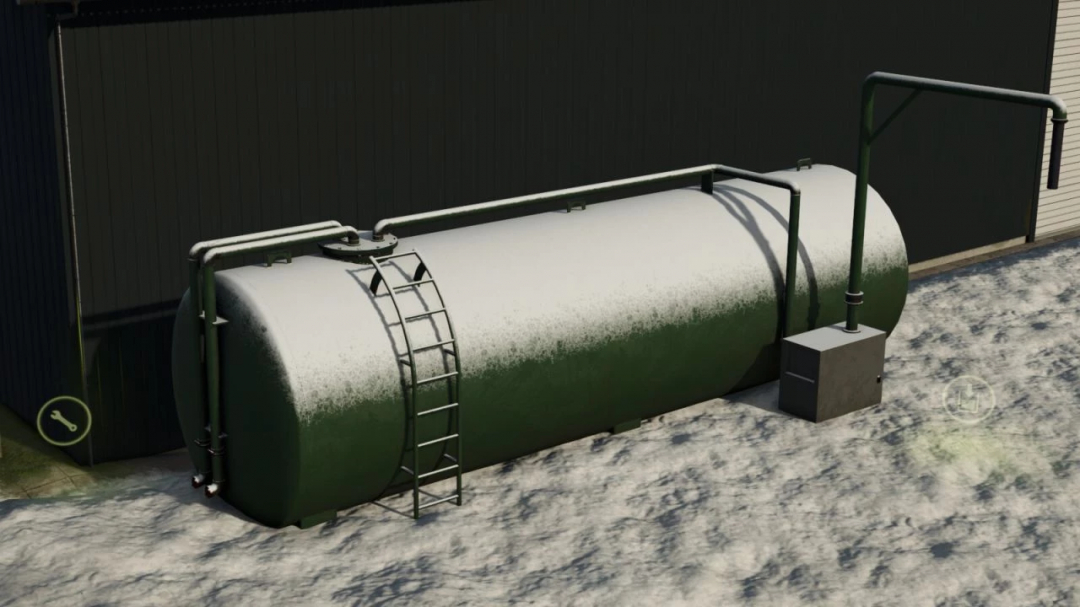 FS25 mod Fertilizer Tank v1.0.0.0 next to a building in Farming Simulator 25.