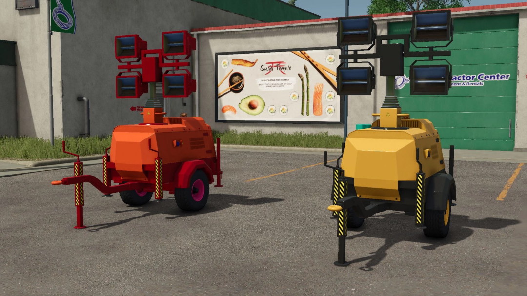 FS25 Flood Light mod v1.0.0.0 showing two portable light towers in a parking lot.