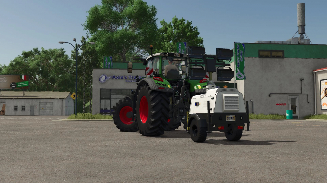 FS25 mod Flood Light v1.0.0.0 with tractor and light unit in front of Axle's Tractor Center.