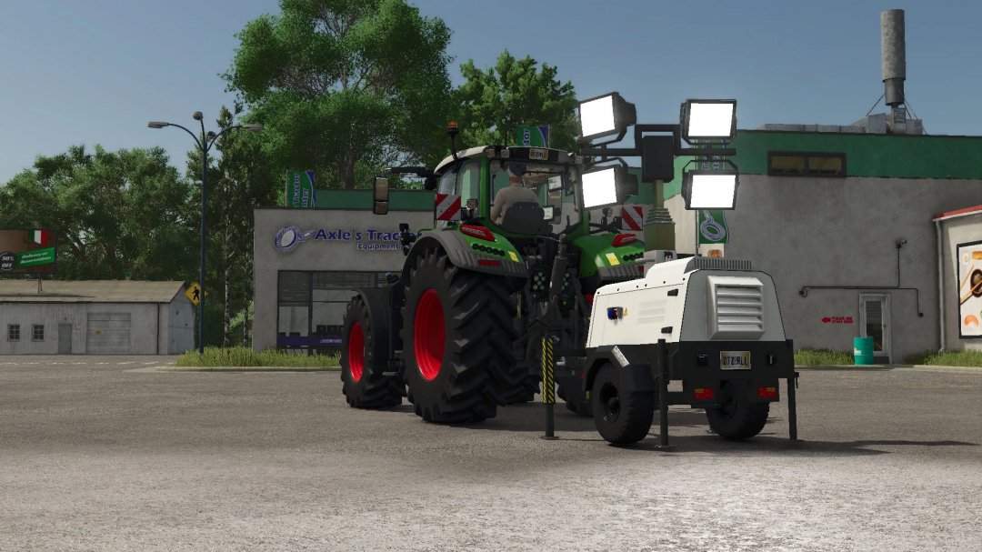 FS25 mod image featuring a flood light system next to a tractor near a building, showcasing the Flood Light v1.0.0.0.